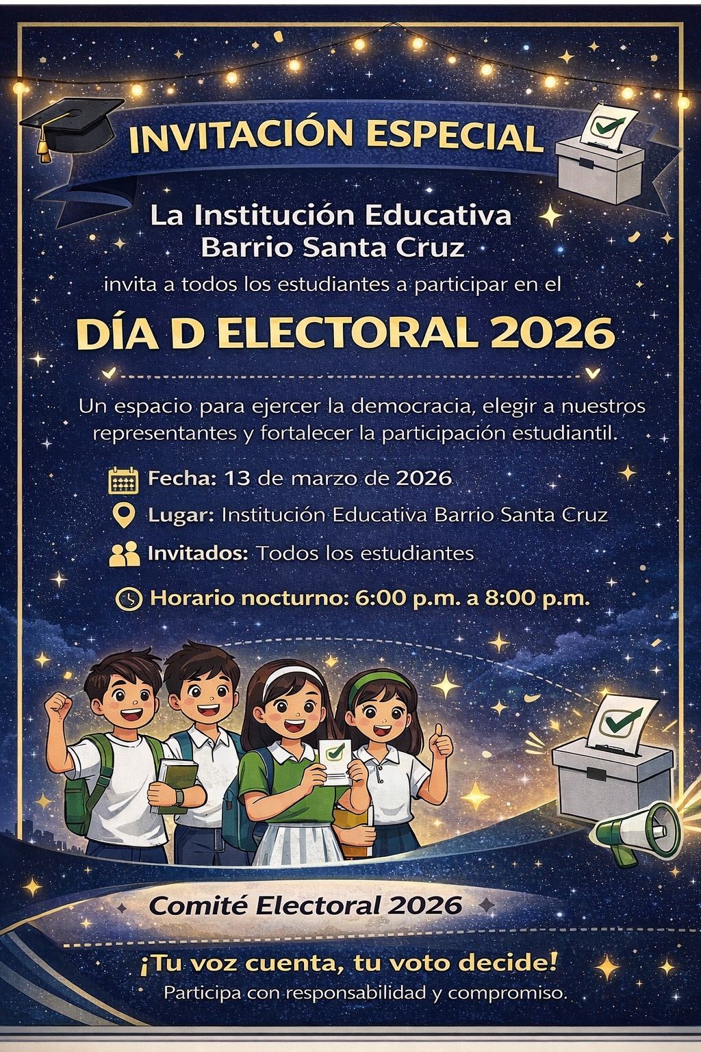 Invitación a estudiantes de CLEI a jornada de la democracia escolar, día D. Marzo 13 de 2026.
